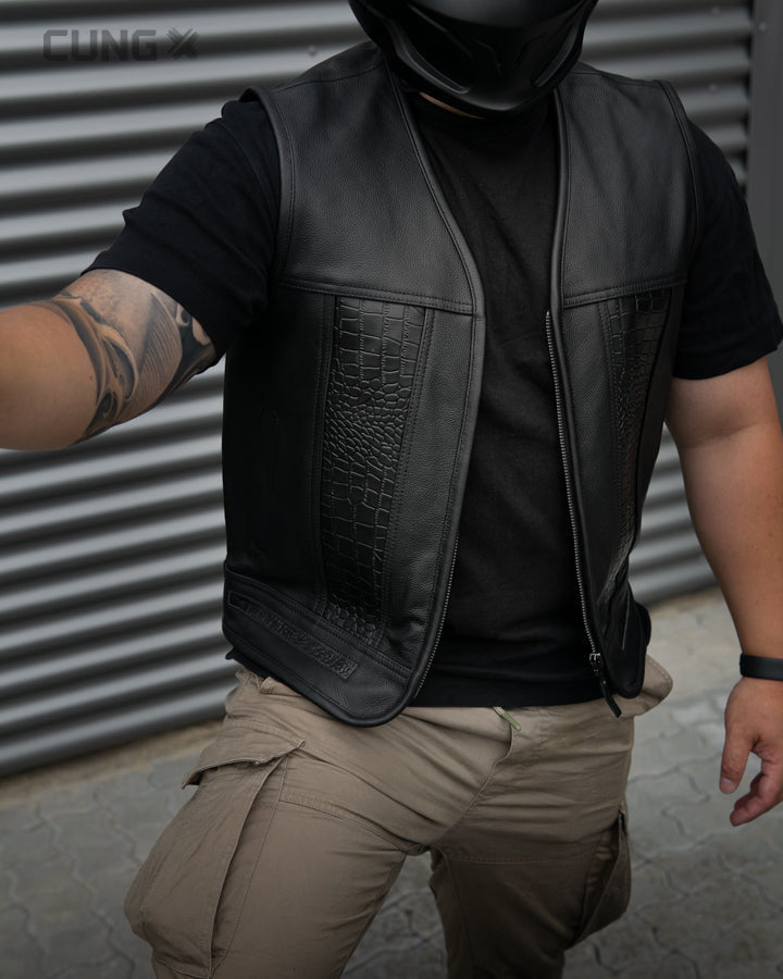 Custom Black Croc Vest │ MC Biker Vest │ Leather Vest Crocodile