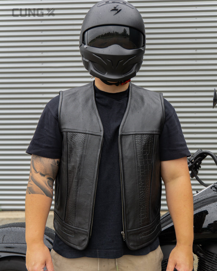 Custom Black Croc Vest │ MC Biker Vest │ Leather Vest Crocodile